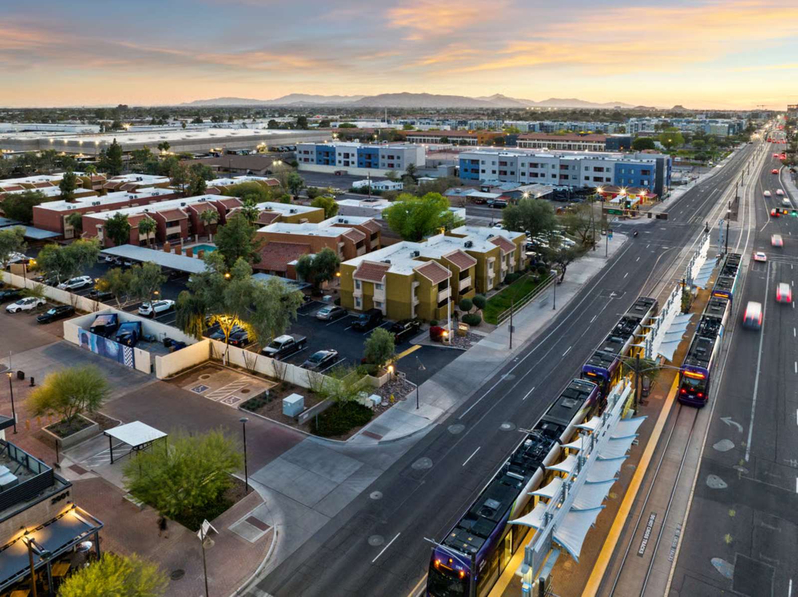 Aerial view of La Paloma and the Tempe light rail at sunset
